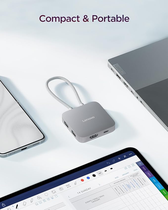 Lenovo USB-C 5-in-1 Travel Hub, 90W Power Delivery, 4K 60Hz HDMI, Dual USB-C and USB-A Ports, Plug and Play, Compact, Silver Grey