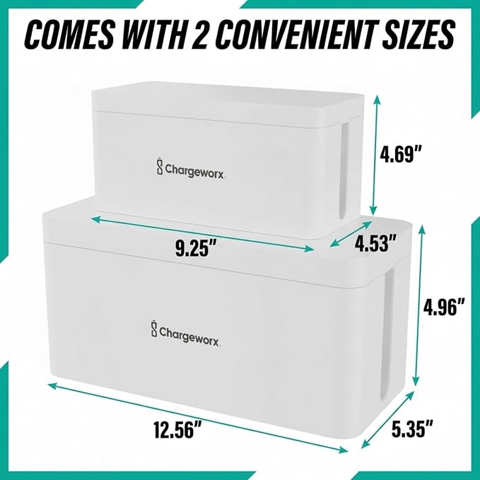 ChargeWorx Cable-Management Box Set, 2 Pack Cord Organizer to Hide Power Strips and Surge Protectors, Desk and Floor Wire Concealer for Home Office, TV Area, White