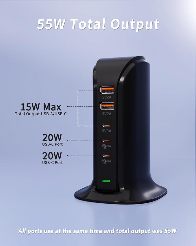 5 Port USB Charger Block, USB Tower Charging Station for iPhone (Black)