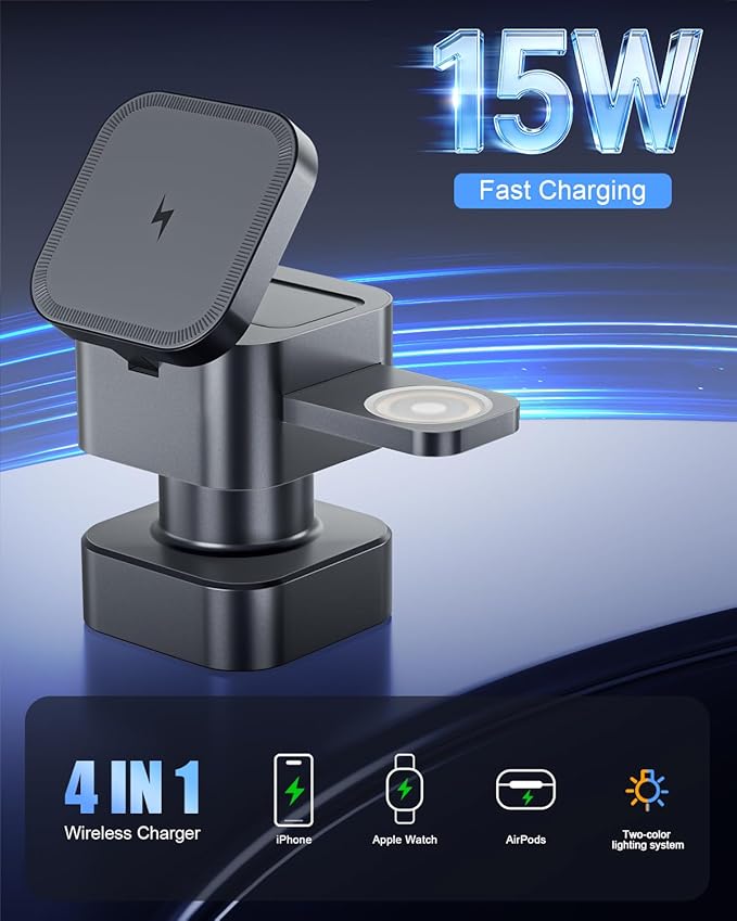 2026 New 4 in 1 Wireless Charging Stand with Night Light Function Compatible with Apple and Android Devices Supports iPhone 17/16/15/14/13/12, Apple Watch Series, AirPods Series, Samsung Galaxy