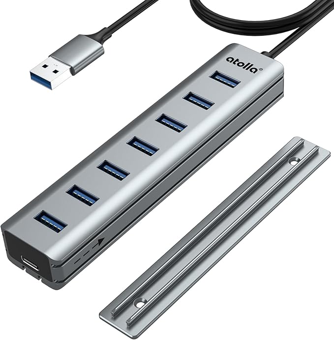 atolla 7-Port USB 3.0 Hub with Removable Sliding Rails - High-Speed Data Splitter for Desk Organization & Stable Connection, Compatible with MacBook, Laptop, PS4, PC