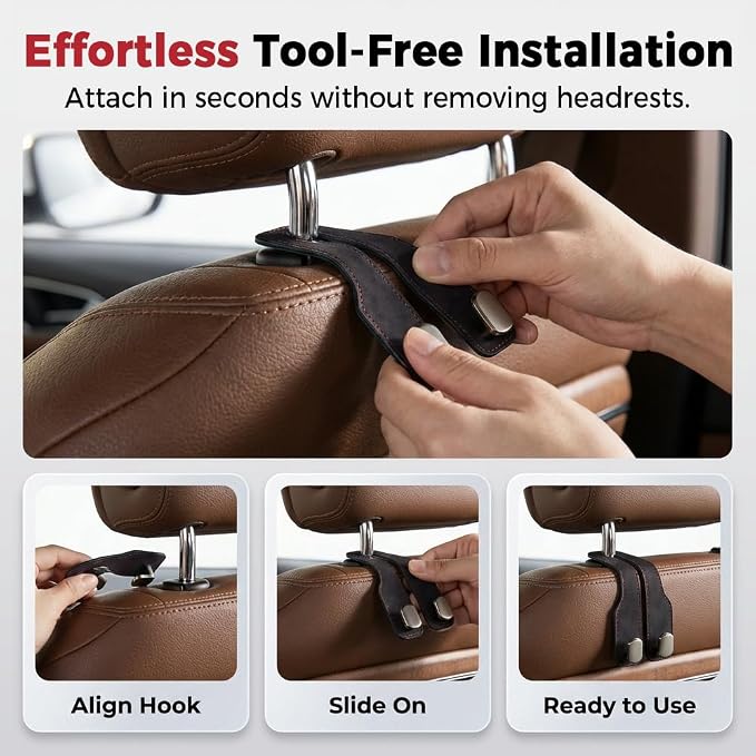 Car Seat Back Storage Hook, 2026 New Car Seat Headrest Hook for Purses and Bags, Leather Car Seat Back Storage Hooks, Car Seat Hangers Organization Accessories (Black 1pcs)