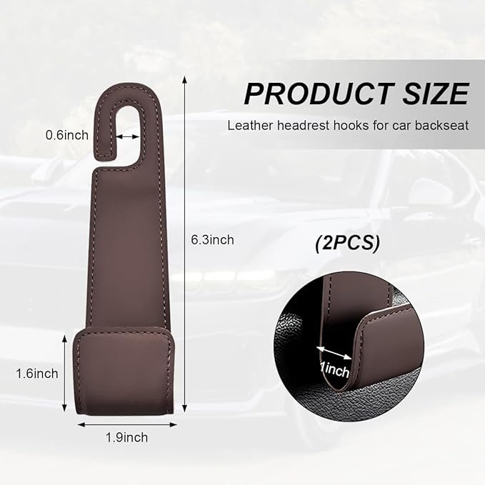 2 PCS Car Seat Headrest Hooks, Microfiber Leather Hanger Holder Hook for Hanging Purse and Bag, Universal Vehicle Back Seat Organizer Hook for Grocery Bag Handbag Coat (Brown)