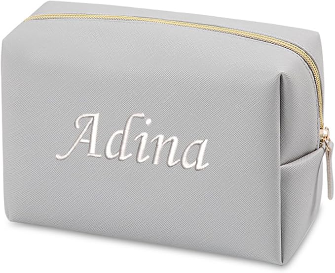 GOPHIE Personalized Embroidered Makeup Bag, Toiletry Bag for Women, Large Cosmetic Travel Bag, Gift For Bridesmaid,Gray