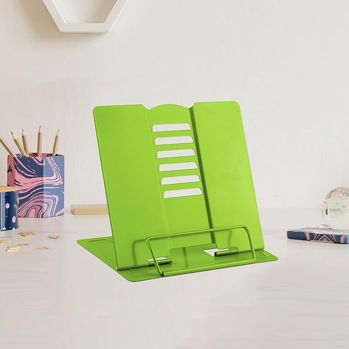 MSDADA Small Desk Book Stand Metal Reading Rest Book Holder Adjustable Cookbook Documents Holder Portable Sturdy Bookstands for Recipes Textbooks Tablet Music Books(Green)