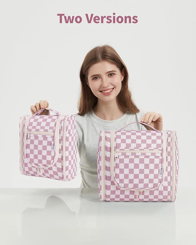 Narwey Checkered Hanging Travel Toiletry Bag for Women, Travel Bag for Toiletries, Makeup Bag Organizer Cosmetic Bags Make Up Bags for Women (Dusty Rose Checkerboard)