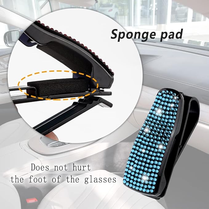 Turcee Set of 2 Bling Rhinestone Car Sun Visor Glasses Holders with Anti-Scratch Sponge,Car Decoration for Women Girls,Ticket Card Clip Visor Organizer (Lake Blue)