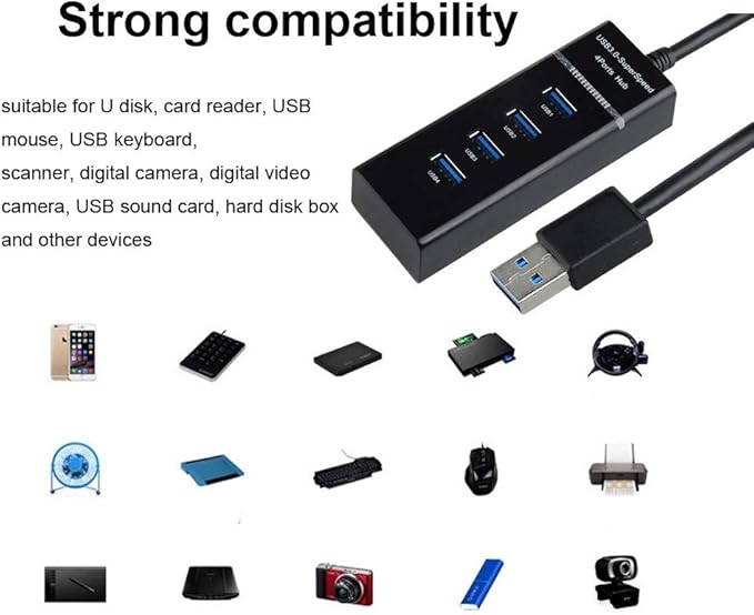 4 Port USB Hub High Speed USB 3.0: 5Gbps Data Hub