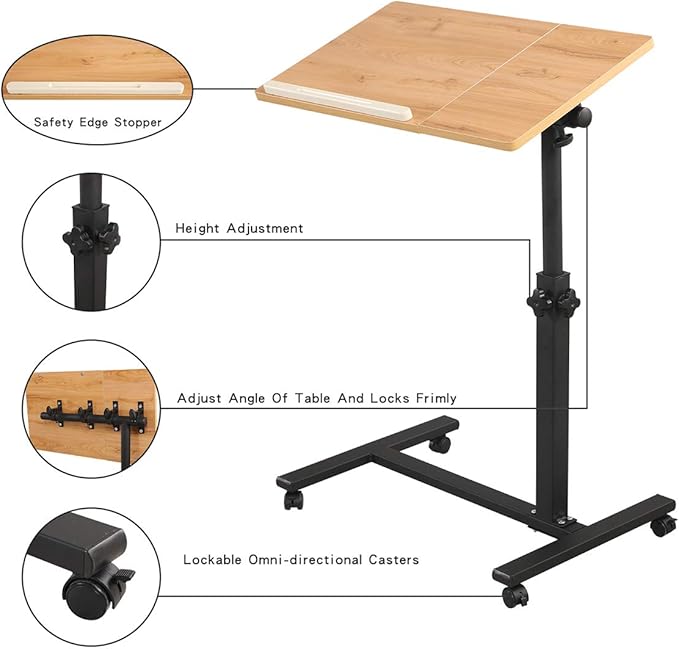 TigerDad Overbed Bedside Desk Mobile Rolling Laptop Stand Tilting Overbed Table with Wheels Height Adjustable Tray Table for Laptop Bed Sofa Side Table (Wood)