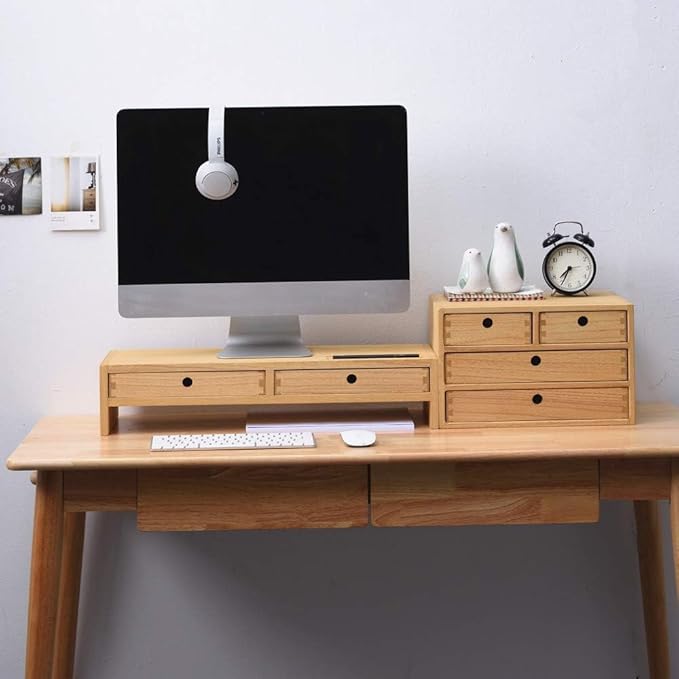 KIRIGEN Wood Monitor Stand with 2 Drawers, Solid Wood Computer Monitor Riser for Desk, Desktop Organizer Shelf with Cable Management, Pen Slots, Natural, No Assembly PMJ-NA