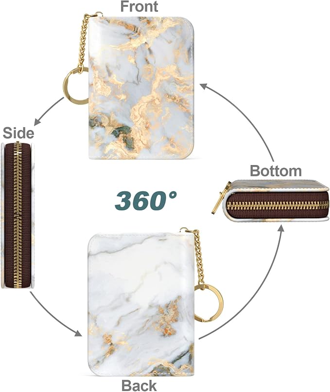 Nipichsha Women's Gray Gold Marble Leather Slim RFID Wallet, Compact Size, 12-Slot with Zipper and Keychain