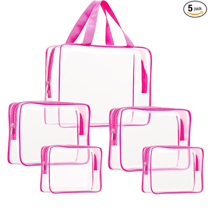 5Pcs Crystal Clear PVC Travel Toiletry Bag Kit for Women Men, Waterproof Vinyl Packing Organizer Storage Bags with Zipper Handle Straps, Cosmetic Pouch Carry on Airport Airline Compliant Bag Handbag