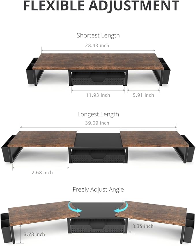 OPNICE Desk Organizers and Accessories, Dual Monitor Stand Riser with Drawer and 2 Pen Holders, Desk Shelf Wood Computer Racks for Office Workspace Organizers, Desktop Organization (Rustic Brown)