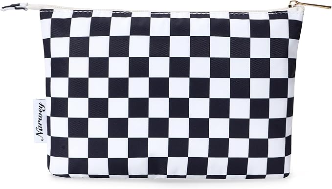 Narwey Small Checkered Makeup Bag for Purse Small Cosmetic Bag Women Travel Makeup Pouch Zipper Pouch (Black Checkerboard)