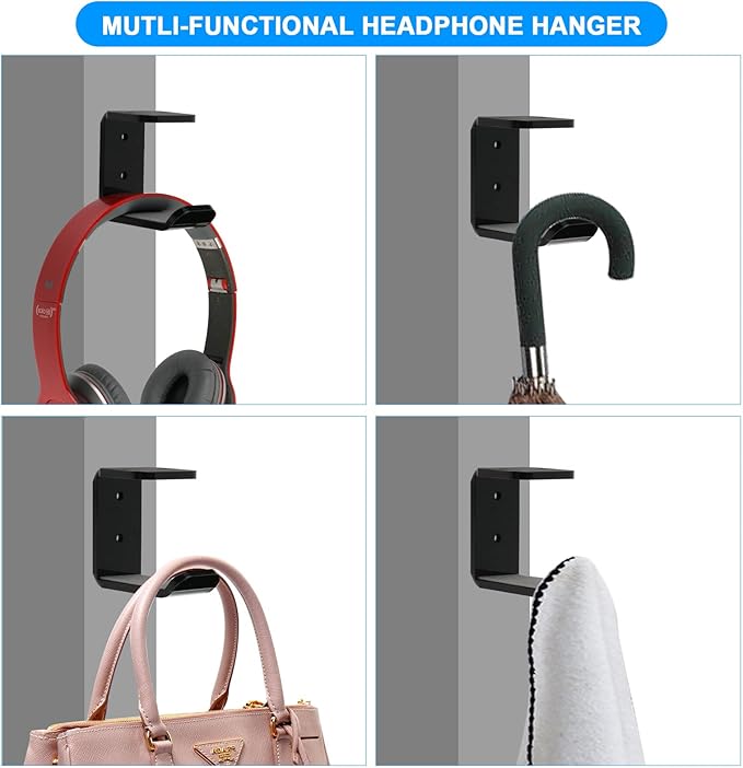 Cosmos 2 Pcs Headphone Hanger Mount Under-Desk Headset Hanger Hook Earphone Holder Wall Mount Hooks with Adhesive Tape & Screw Set Compatible with PC Gaming DJ Headset, Acrylic (Solid Black)