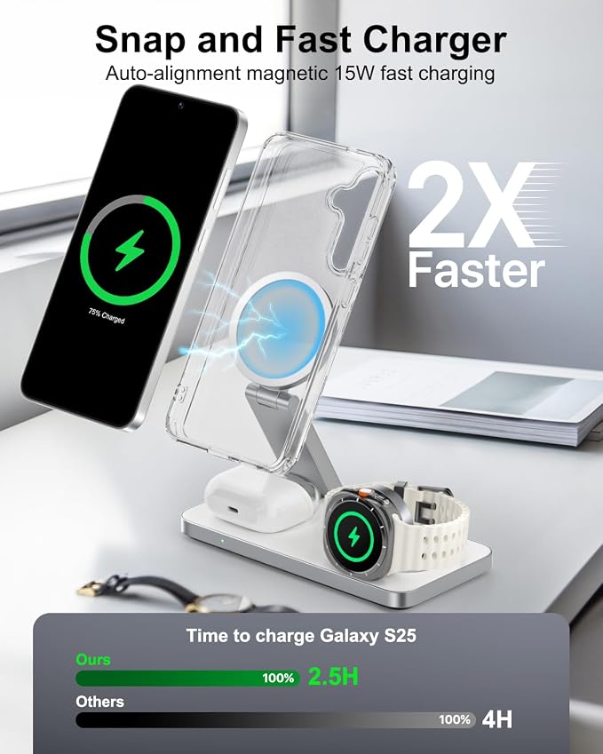 Qi2 25W Magnetic Wireless Charger for Samsung, 3 in 1 Fast Charging Station Compatible with MagSafe for Galaxy S26/S25/S24/S23/Ultra/Plus/Z Fold/Flip 7, Watch Ultra/8/7/6/5 & Buds with 35W Adapter