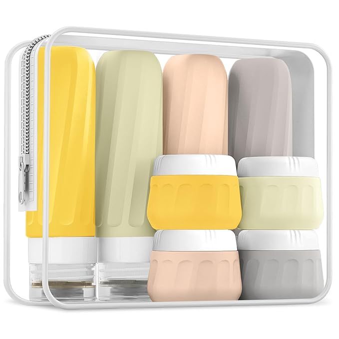 Mrsdry Travel Size Toiletries 8 Pack, TSA Approved 3oz/1oz Silicone Squeezable Creams Jars with Clear Travel Bag