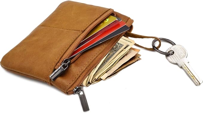 Freezx Women Genuine Leather Coin Pouch Zip Mini Purse Wallet Key Chain 3 Zipper