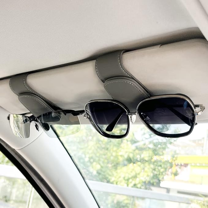 2Pcs Sunglass Holder for Car, Magnetic Leather Eyeglass Hanger Clip for Car Sun Visor, Sunglasses Holder and Ticket Card Clip for Car Visor Accessories (Gray)