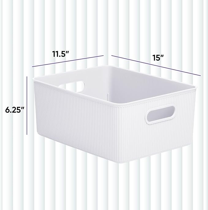 Decorative Plastic Basket Lidded Home Storage Bins Organizer Baskets, Large White (1 Pack - 15 Liter) Stackable Container Box, for Organizing Closet Storage Bins for Shelves - Ribbed Collection