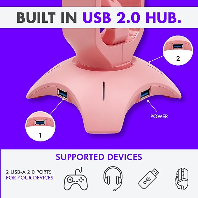 Tilted Nation Cute Headphone Stand Pink | Headset Stand with RGB, Mouse Bungee Holder, and 2 Port USB Hub Charger - Desk Gaming Accessories