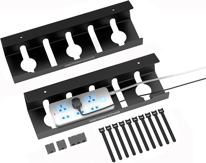 UNITEDPOWER Cable Management Tray, 2-Pack Metal Power Strip Holder for Under Desk Wire Cord Organizer, Office/Home，Black