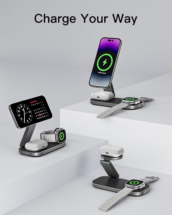 Keepro 3-in-1 Charging Station for Apple Device, Foldable Magnetic Wireless Fast Charger Stand Compatible with MagSafe for iPhone 17e/17/16/15/14/13/12/Air Series, Apple Watch & AirPods-Black
