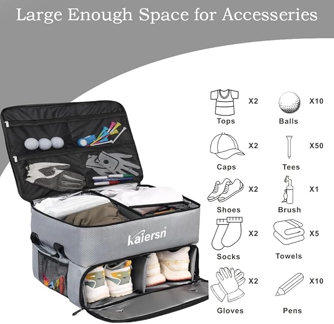 2 Layer Golf Trunk Organizer, Waterproof Car Golf Locker with Separate Ventilated Compartment for 2 Pair Shoes, Golf Trunk Storage for Balls, Tees, Clothes, Gloves, Accessories, Golf Gifts