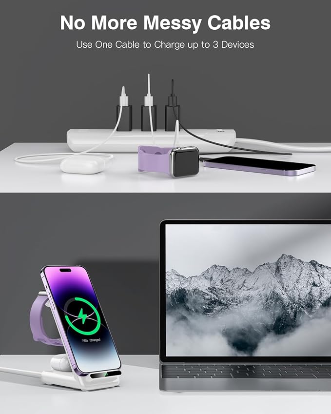 Wireless Charging Station,3 in 1 Charging Stand Made for Apple Watch Ultra 11 10 9 8 7 6 SE 5 4 3,Fast Wireless Charger Made for iPhone 17/Air/16/15/14/13/12,for AirPods Pro(with Adapter) (White)