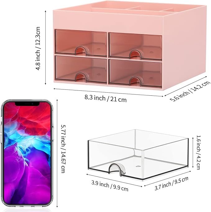 LETURE Office Desktop Organizer with Drawer, Desk Top Accessories Stationary Organizer Desk Caddy, Pen/Pencil/Business Card/Sticky Note Tray/Paperclip Holder Storage Box (Pink)