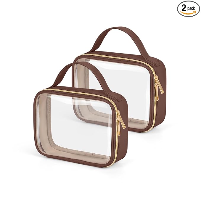 Wedama TSA Approved Toiletry Bag, 2 Pack Clear Makeup Bags with Handles, Quart Size PVC Clear Cosmetic Bags for Women and Men, Carry on Airport Airline Compliant Bag, Brown
