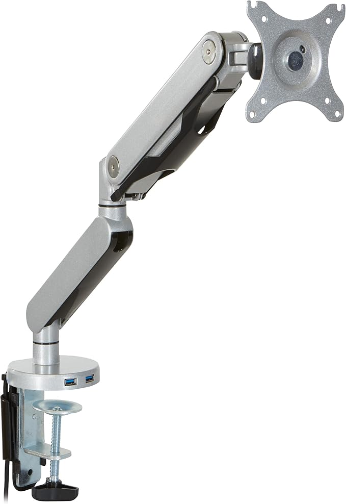 Office Star Ascend II Single Monitor Arms with Dual USB 3.0 Ports, 3-Point Rotation and VESA Mounting Bracket for 17-inch to 30-inch Monitors, Silver