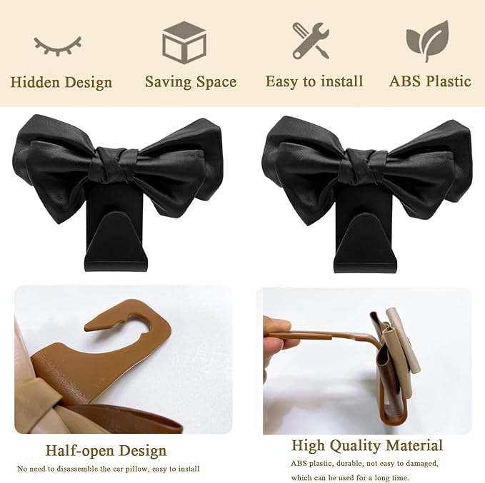 Joyhey 2 Pcs Car Seat Headrest Hooks, Cute Bow Car Seat Hooks for Purses and Bags (Black)