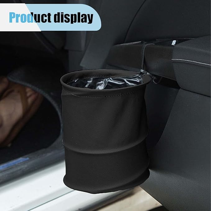 Collapsible Trash Can Car Garbage Bag - Leather Pop-up Car Trash Bin with Elastic Band - Hanging Foldable Garbage Can Vehicle Waste Basket Bin - Double-Layer Washable Bag for Cars Camping (Black)