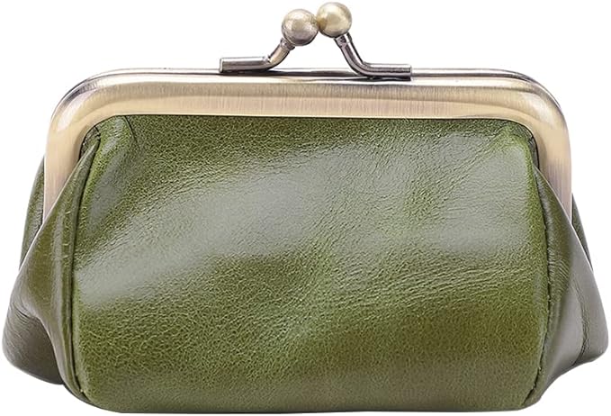 Genuine Leather Mini Vintage Coin Purse Kiss Lock change purse Cute Coin Purse Coin Organizer (Green)