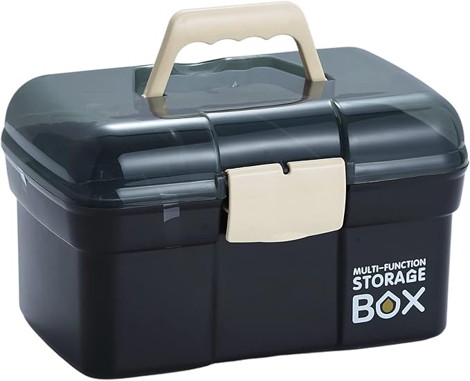 Kinsorcai 11'' Plastic Box Organizer with Removable Tray, Sewing Organizer, Craft & Art Supply Multipurpose Storage Box for Cosmetic (Black)