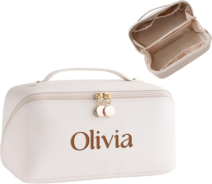 Personalized Travel Makeup Bag, Large Capacity Cosmetic Bags for Women, PU Leather Water-Resistant Portable Pouch Open Flat Toiletry Bag Make up Bag with Divider and Handle (White)
