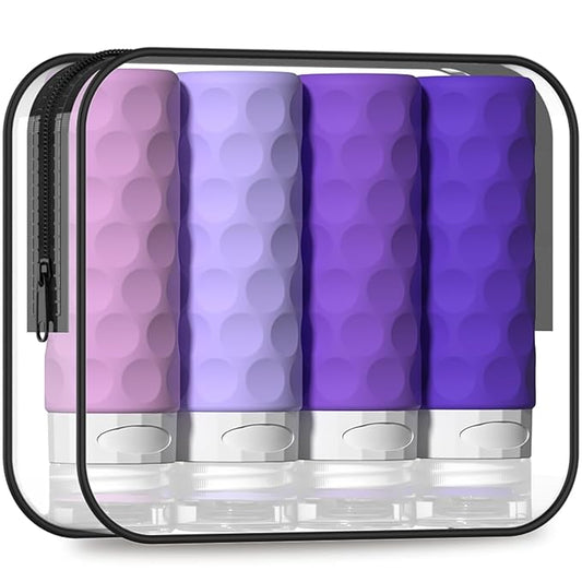 Silevoler Travel Bottles for Toiletries, 4pcs Tsa Approved 3oz Travel Size Containers, BPA Free Leak Proof Premium Silicone Bottles, Refillable Liquid Squeezable Accessories W/Toiletry Bag(Purple)