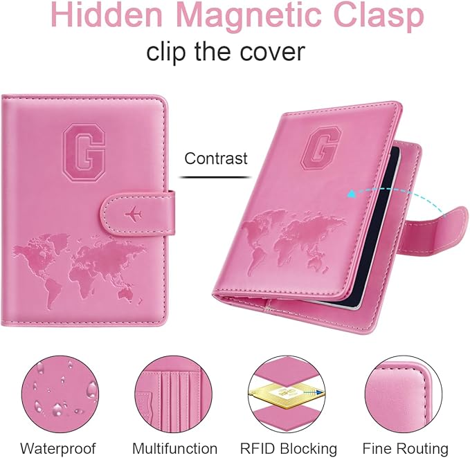 Passport Holder Cover Initail Letter A-Z Travel Wallet Embossed Design RFID Blocking Card Holder Personalized Gift Passport Cover Wallet, Passport Book Holders for Women and Girls, Pink-G
