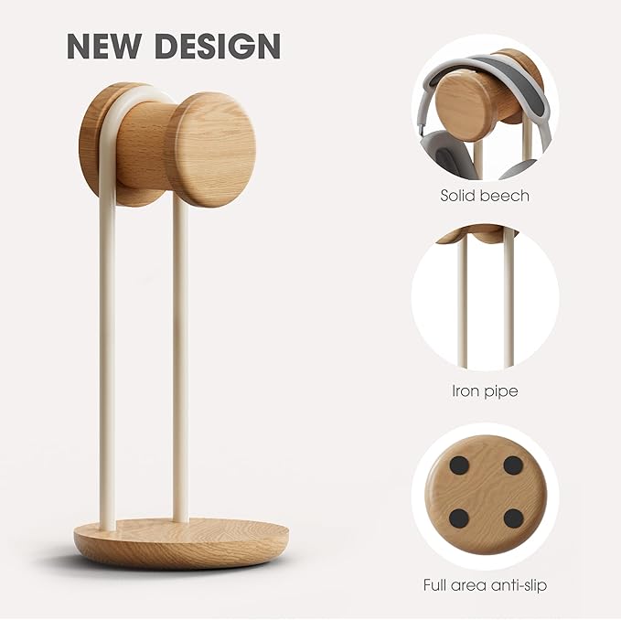 Fenge Headphone Stand for Desk, Nature Wood & Metal Headphone Holder with Storage Base, Desktop Headset Stand for Gaming Universal Headphones, Oak