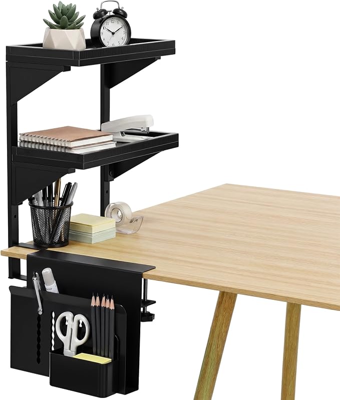 Chumia 2 Tier Clamp on Desk Clamp on Laptop Mount with Pen Holder Desktop Shelves Organizer Desktop Organizer Desk Organizers and Accessories Table Extender Attachment Shelves for Home Office
