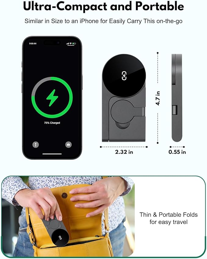 2026 3 in 1 Wireless Charging Station Mag-Safe Fast Charging Station for Apple MagSafe Charger, with USB C Charger, Foldable Charging Magnetic Wireless Charger Stand, Space Aluminum Travel Charger