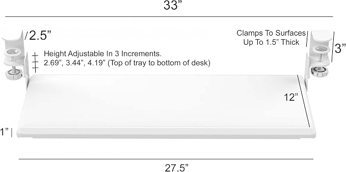 Stand Up Desk Store Large Clamp-On Retractable Adjustable Keyboard Tray | Improve Comfort While Increasing Desk Space - for Desktops Up to 1.5" Thick (33" W x 12.25" D) (White) (Large)