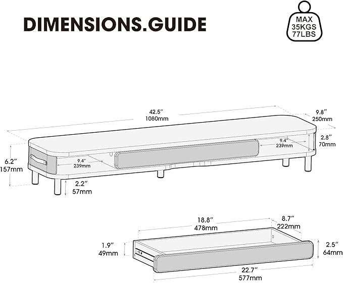 Fenge Monitor Stand with Large Drawer, 42.5 Inch Dual Monitor Riser for 2 Monitors, Ergonomic Computer Desk Shelf with Soft Touch Leather & Storage Organizer for Laptop, Computer, TV, PC, Printers