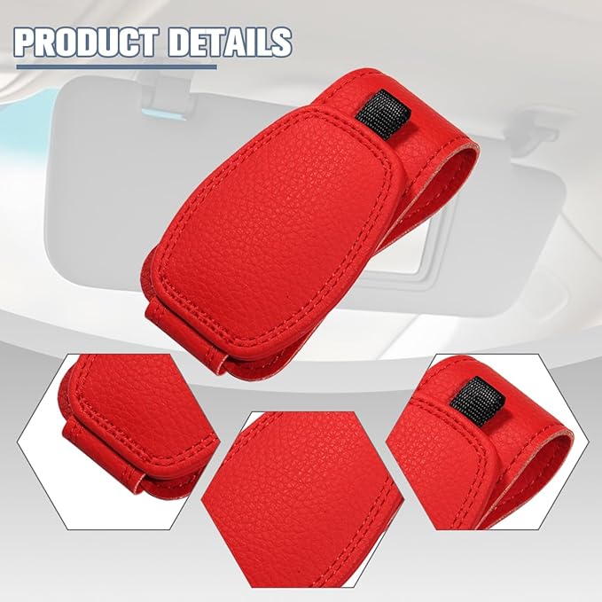 Sunglass Holder for Car Visor, Magnetic Leather Vehicle Sun Visor Storage Clip for Different Size Eyeglasses, Automotive Interior Glasses Ticket Card Clip, Universal for SUV RV Truck (Red)