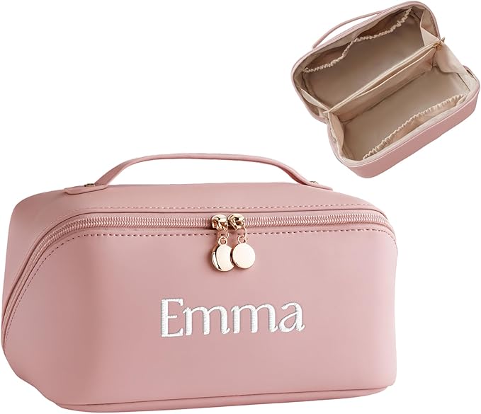 Personalized Travel Makeup Bag, Large Capacity Cosmetic Bags for Women, PU Leather Water-Resistant Portable Pouch Open Flat Toiletry Bag Make up Bag with Divider and Handle (Pink)