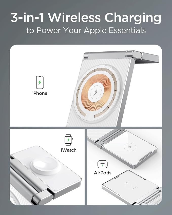 Magnetic Charging Station,Hohosb 3 in 1 Foldable Zinc Alloy Wireless Charger Stand[Compatible with Magsafe Charger] for iPhone 15/14/13/12 Series, AirPods Pro/3/2,Apple Watch/iWatch-White