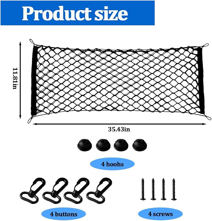 Car Rear Cargo Net, 35.4 x 11.8 Elastic Vehicle Trunk Mesh Storage Organizer with Hooks Screws, Adjustable Automotive Rear Cargo Storage Pouch Net, Universal for SUV Truck Sedan