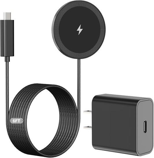 6FT Magnetic Wireless Charger Charging Pad - 15W Fast Phone Charger Puck for Apple iPhone 17 16 15 14 13 12 Series & AirPods 4 3 2 Pro, Phone Charging Pad with Plug for Desk & Travel, 1Pack Black