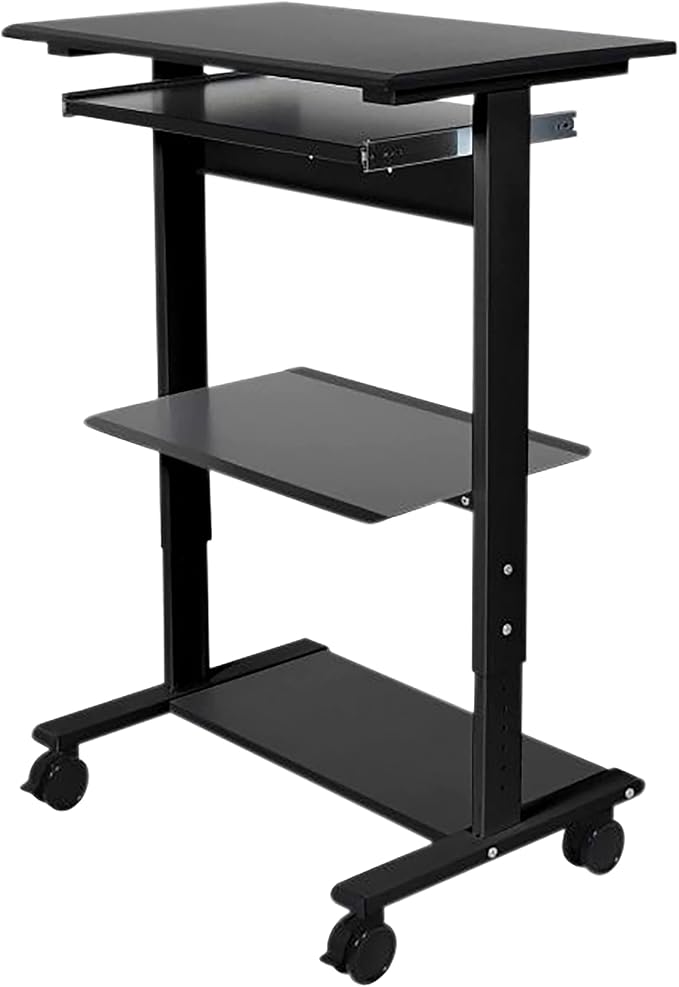 Stand Up Desk Store Mobile Rolling Adjustable Height Standing Workstation with Printer Shelf and Slideout Keyboard Tray (Black Frame/Black Top, 30" Wide)